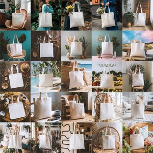 May include: A collection of 25 white canvas tote bags in various settings. The bags are blank and ready for customization.