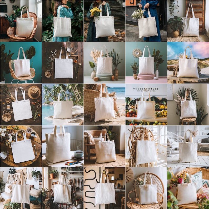 May include: A collection of 25 white canvas tote bags in various settings. The bags are blank and ready for customization.