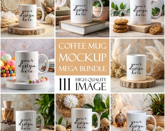 111x White Ceramic Mug Mockup Bundle, Boho Coffee Cup Mock Up Pack, Mockups for Coffee Mug, Blank Mug Mockup, 11oz Mug Mock Template