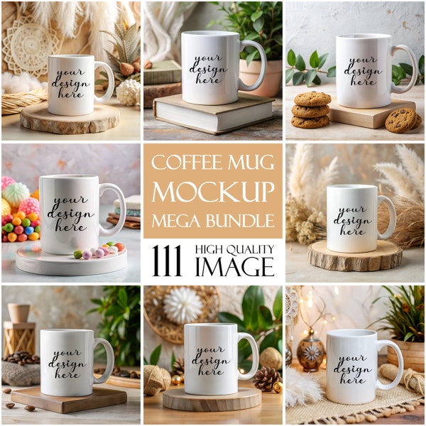 111x White Ceramic Mug Mockup Bundle, Boho Coffee Cup Mock Up Pack, Mockups for Coffee Mug, Blank Mug Mockup, 11oz Mug Mock Template