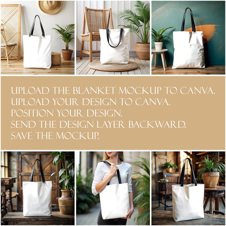 May include: A collage of six images showcasing a white canvas tote bag with black handles. The bag is shown in various settings, including a wooden chair, a table with plants, and a person holding the bag.