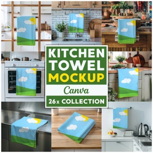 May include: A collection of 26 kitchen towel mockups featuring a blue towel with a green, white, and yellow design. The towel is shown hanging on a rack, folded on a counter, and hanging from a hook. The text "Kitchen Towel Mockup Canva 26x Collection" is displayed in the center of the image.