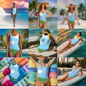 May include: A collection of swimsuit designs featuring a blue sky, white clouds, and green grass. The swimsuits are shown on models in various settings, including a beach, a pool, and a lounge chair.