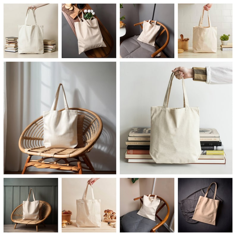 May include: A set of eight natural canvas tote bags in various settings. The bags are a light beige color and have a simple design. They are shown in different settings, including on a chair, on a table, and in a person's hand.