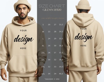 Gildan 18500 Size Chart Mockup, sand hoodie size chart mockup, gildan hoodie size guide mockup, gildan front back size chart mockup