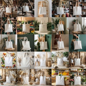 May include: A collection of 25 white canvas tote bags displayed in various settings, including a rustic wooden table, a bookshelf, a plant-filled room, and a kitchen counter. The bags are all empty and ready to be filled with groceries, books, or other items.