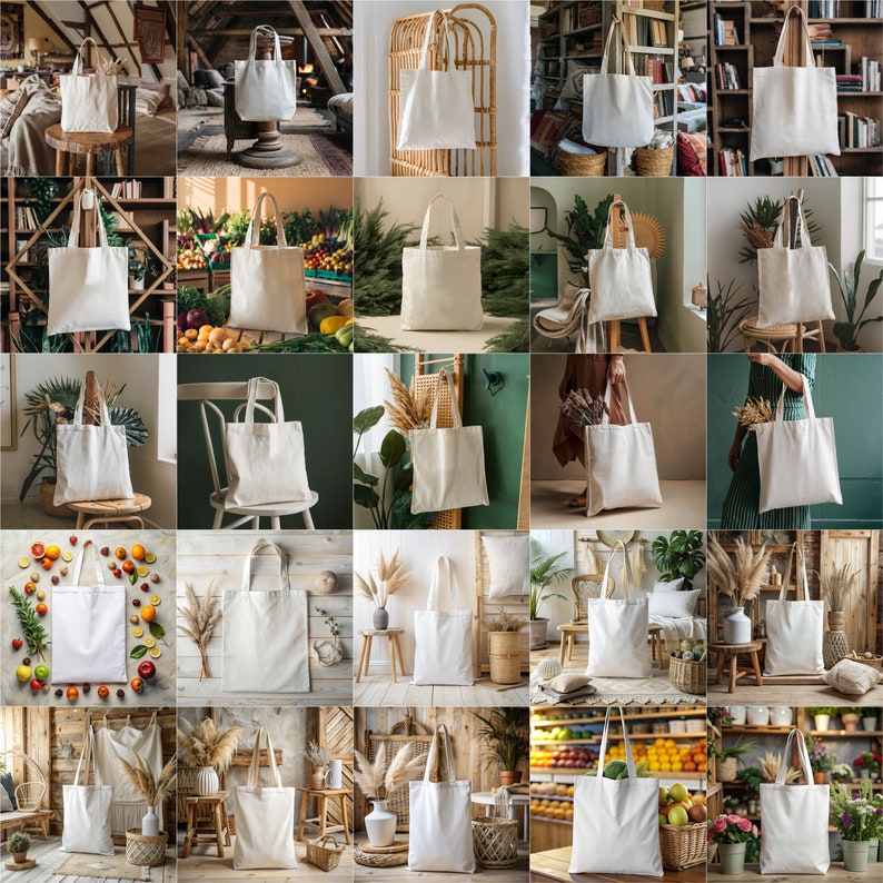 May include: A collection of 25 white canvas tote bags displayed in various settings, including a rustic wooden table, a bookshelf, a plant-filled room, and a kitchen counter. The bags are all empty and ready to be filled with groceries, books, or other items.
