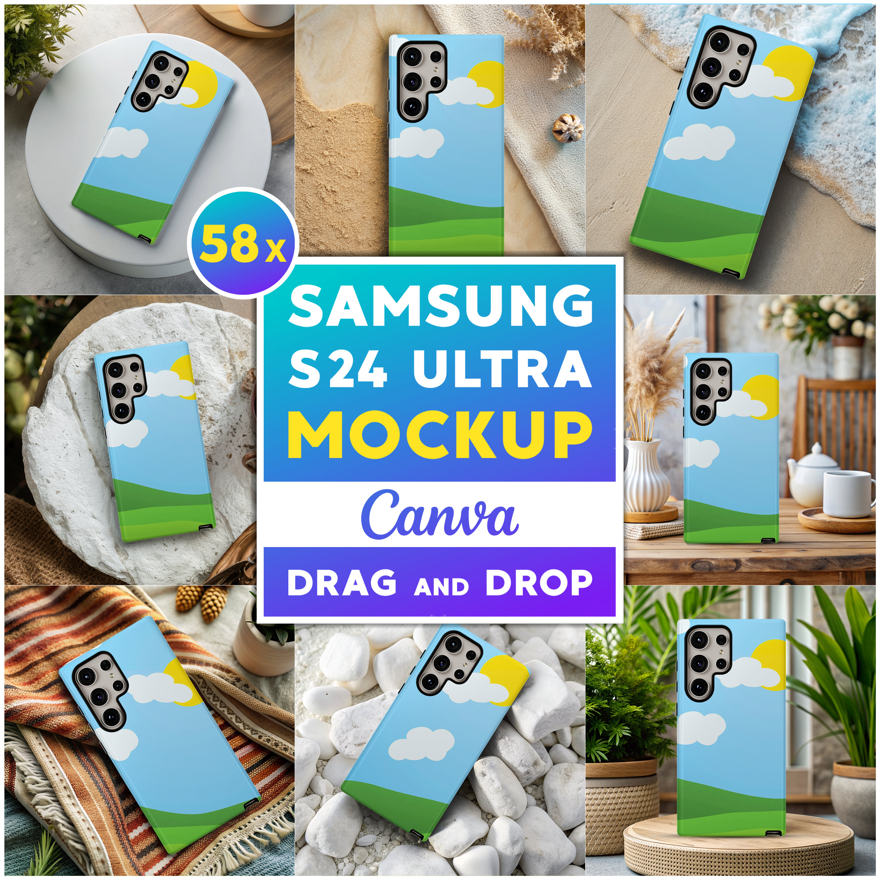 58x Samsung Galaxy S24 Ultra Mockup Bundle Canva Easy Use Drag and Drop PNG Phone Mock Up Printify Tough Phone Case Mockups Template Samsung