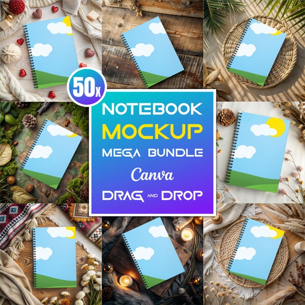 50x Spiral Notebook Mockup Bundle for Canva Easy Use Transparent Notebook Drag and Drop PNG Spiral Planner Book Mockups KDP Book Mock UP