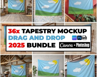 36x Tapestry Mockup Bundle for Canva and Photoshop PNG Wall Flag Mockup Boho Tapestries Mockups Easy to Use Template for Tapestry