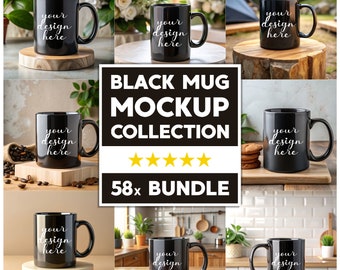 58x Black Ceramic Mug Mockup Bundle, Boho Black Coffee Cup Mock Up Pack, Mockups for Black Coffee Mug, Blank Mug Mockup, Mug Mock Template