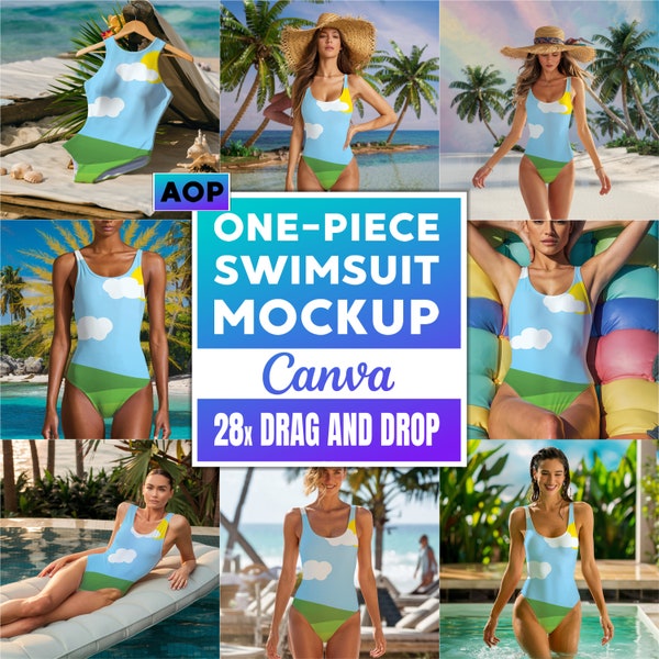 28x AOP One-Piece Badeanzug Mockup Bundle für Canva Easy Use Transparente PNG Badeanzug Mockups Ziehen und ablegen Körper Badeanzug Mockups