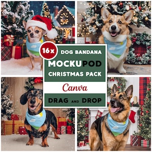 16x Christmas Dog Bandana Mockup Bundle For Canva Easy Use Xmas Bandana Collar Drag Drop Mock Up PNG Transparent Pet Bandana Collar Mockups