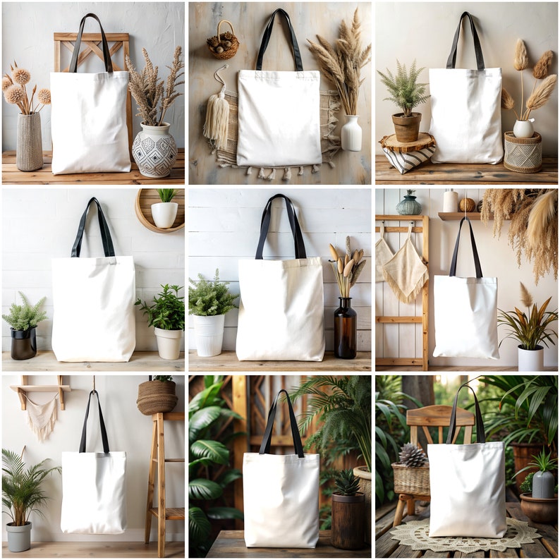 May include: Nine white tote bags with black handles are displayed on a variety of surfaces, including wooden shelves, a table, and a chair. The bags are all empty and ready to be filled with items.