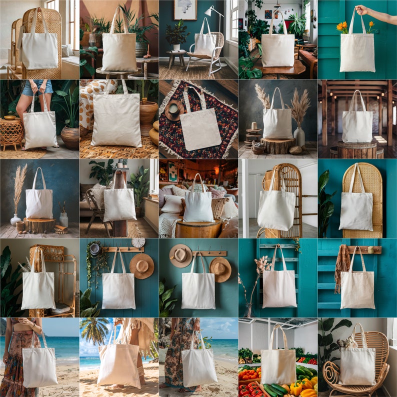 May include: A collage of 25 images showcasing various tote bags in different settings. The bags are all white and made of canvas. They are shown in a variety of indoor and outdoor settings, including a living room, a bedroom, a kitchen, a beach, and a forest.