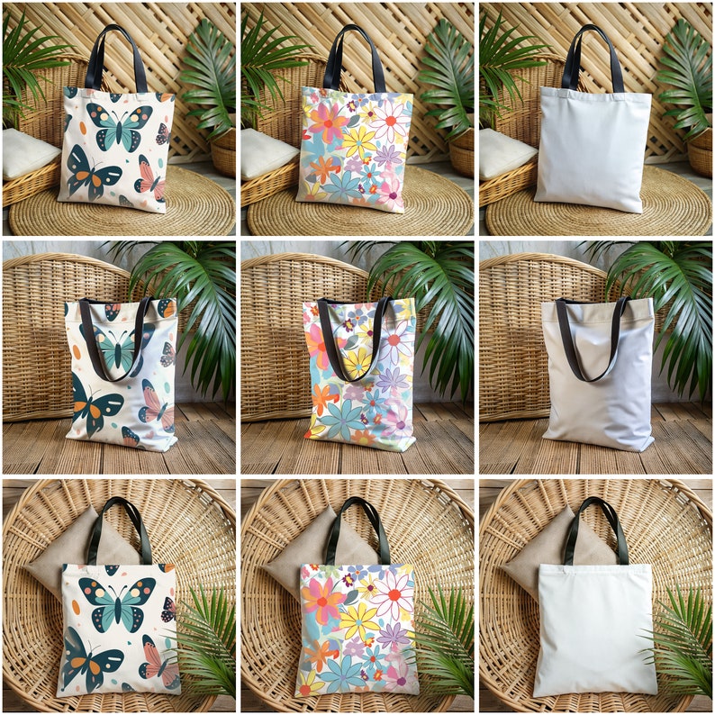 May include: Nine tote bags with different designs. Three bags feature a butterfly pattern, three bags feature a floral pattern, and three bags are blank. The bags are all made of a white canvas material and have black handles.