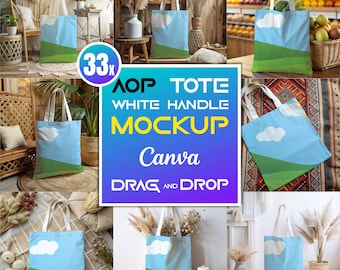 33x AOP Tote Bag Mockup Bundle, AOP Tote White Handle Canva Mockup, AOP Boho Cotton Canvas Tote Bag Mockup Mega Bundle, Aop Bag Mock Up