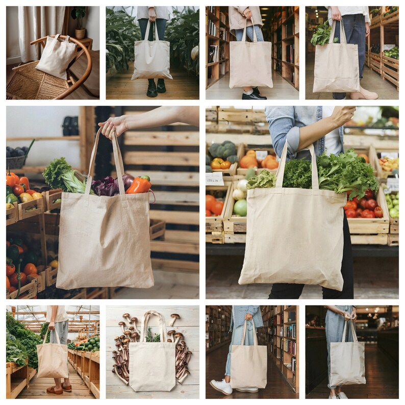 May include: A collection of eight beige canvas tote bags. Some bags are empty, while others are filled with fresh produce, such as leafy greens and red peppers. The bags are shown in various settings, including a grocery store, a bookstore, and a home.