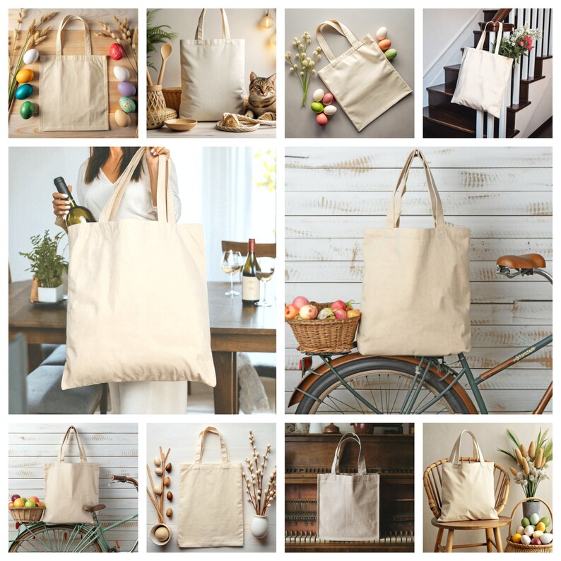 May include: A collection of nine natural canvas tote bags in various settings. The bags are all blank and ready to be customized.