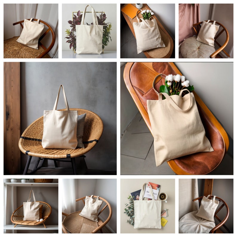 May include: A collection of 10 natural canvas tote bags in various settings. The bags are all empty and feature a simple design with no embellishments.