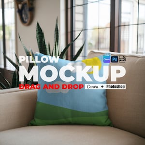 Canva用の使いやすい枕モックアップPNG、ドラッグアンドドロップ枕モックアップ、クッションモックアップ、EtsyまたはShopify用の枕カバーモックアップ