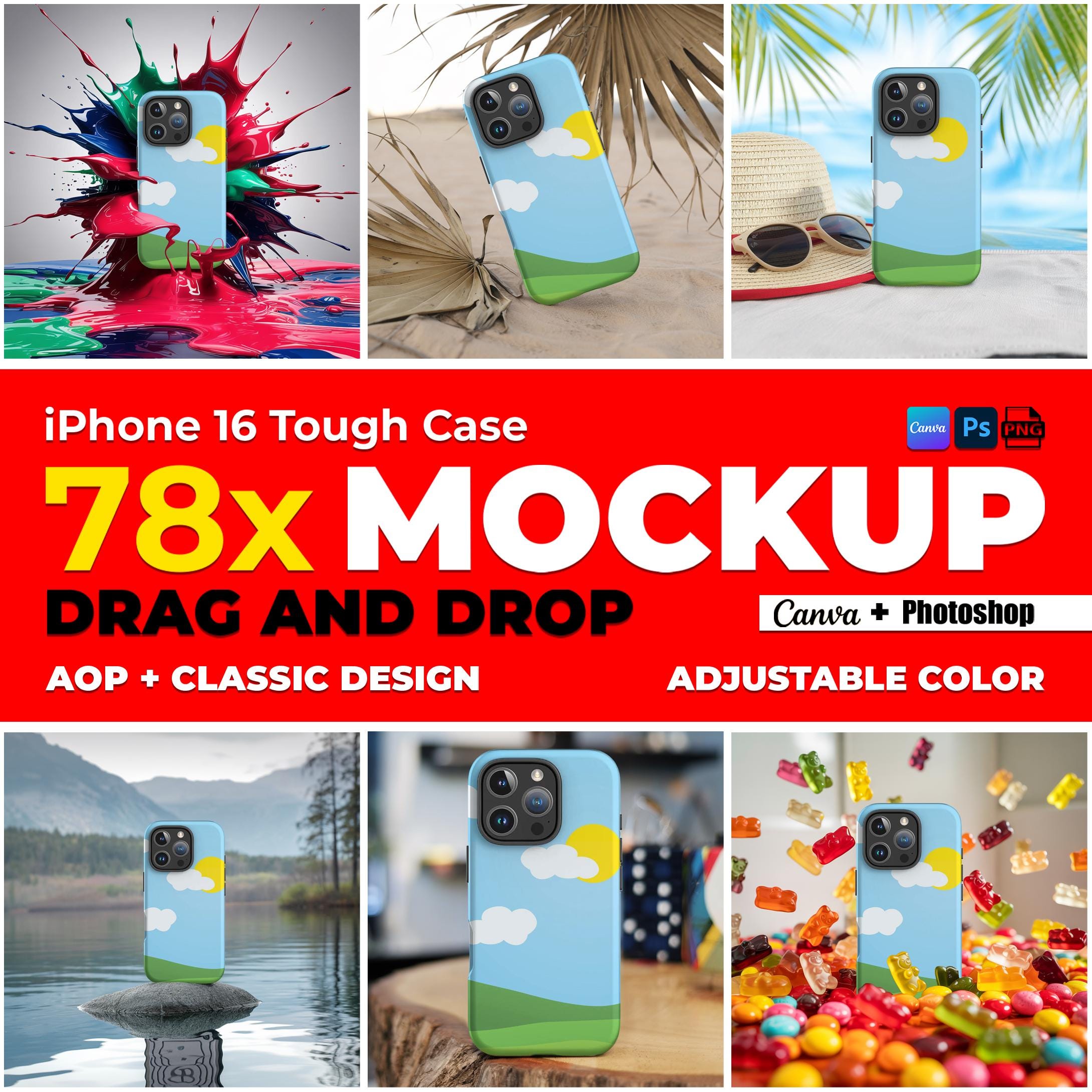 78x iPhone 16 Case Mockup Bundle for Canva & Photoshop Drag and Drop PNG Phone Mock Up Printful and Printify Tough Phone Case Template