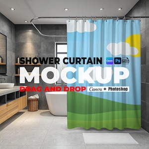 Shower Curtain Mockup for Canva And Photoshop, Bathroom Curtain Mockups Easy Use Curtain Mock up Drag and Drop Shower Curtain Mockups PNG