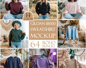 64x Gildan 18000 Mockup Bundle in 14 Colors, Boho Sweatshirt Mockups in Pack, Sweater mock up, Crewneck long-sleeve Shirt mockup Template