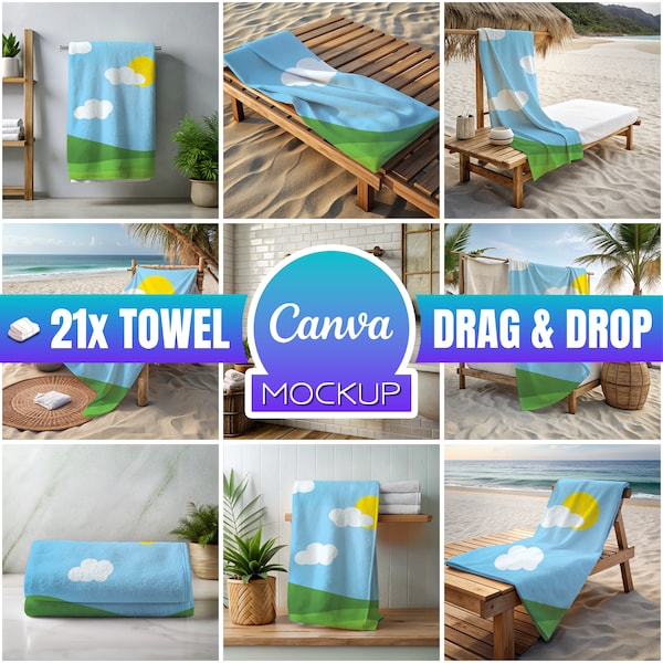 21x Towel Mockup Bundle, Canva Towel Mock, Towel Mock Up, Bath Towel Mockups, Canva Overlay, Drag and Drop Mockup, PNG, Beach Towel Mockup