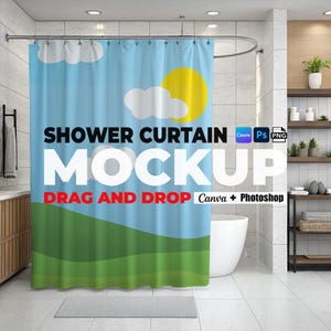 Shower Curtain Mockup for Canva And Photoshop, Bathroom Curtain Mockups Easy Use Curtain Mock up Drag and Drop Shower Curtain Mockups PNG