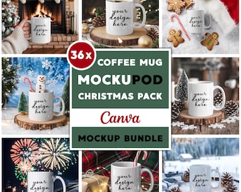 May include: A set of 36 Christmas-themed coffee mug mockups for Canva. The mockups feature white mugs with the text "your design here" on them, placed in various festive settings, including a fireplace, a snowy scene, and a Christmas tree.