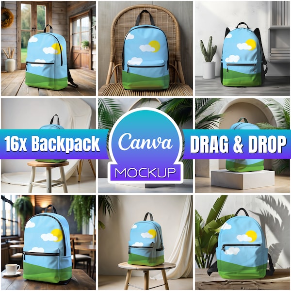 16x Sublimation AOP Backpack Mockup Bundle with Transparent AOP Backpack for Print On Demand Mockup, School Bag Mockups, Backpack Mock up