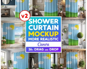 26x Shower Curtain Mockup Bundle, Bathroom Curtain Mockups Canva Easy Use Curtain Mock up Drag and Drop Shower Curtain Mockups PNG Overlay