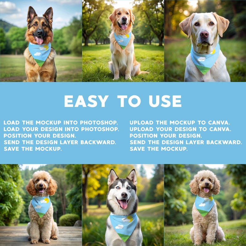 May include: A collection of dogs wearing blue bandanas with a landscape design. The bandanas feature a sky, clouds, and a sun. The image also includes instructions on how to use the mockup in Photoshop and Canva.