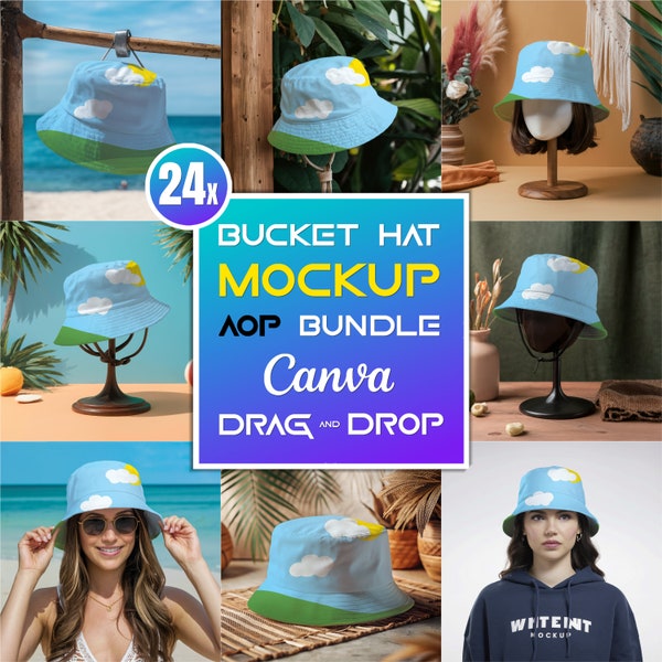 24x AOP Bucket Hat Mockup Bundle for Canva Easy Use Bucket Hat Transparent PNG Mock UP Drag And Drop Reversible Bucket Hat Cap Mockups