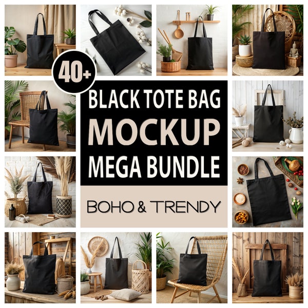 40+ schwarze Tragetasche Mockup Bundle, schwarze Liberty Taschen oad113 Mockup, schwarze Boho Baumwolltasche Tote Bag Mockup Mega Bundle, schwarze Tasche MockUp