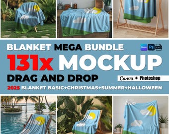 131x Blanket Mockup Bundle for Canva and Photoshop PNG Transparent Drag & Drop Overlay Sherpa, Velvet, Fleece, Minky, Plush Blanket Template