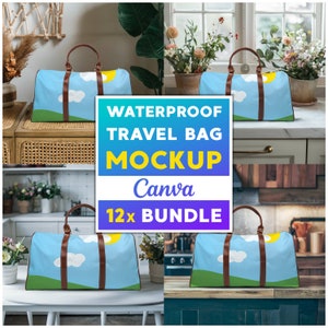 12x Wasserdichte Reisetasche Mockup Bundle, Printwendige Reisetasche Mockups, Sublimation wasserdichte Tasche Mockup, AOP wasserdichte Reisetasche Mockup