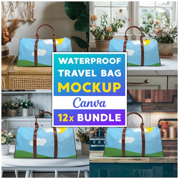 12x Waterproof Travel Bag Mockup Bundle, Printify Travel Bag Mockups, Sublimation Waterproof bag Mock Up, AOP Waterproof Travel Bag Mockup