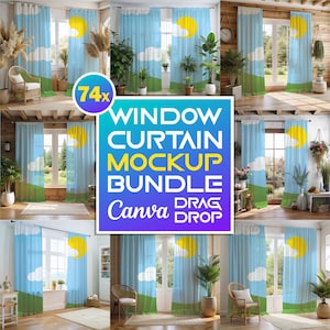 May include: A set of 74 window curtain mockups for Canva. The mockups feature various rooms with different window styles and furniture. The curtains are sheer and have a light blue color with white clouds and a yellow sun.