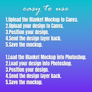 May include: A graphic with instructions on how to use a blanket mockup in Canva and Photoshop. The instructions are written in white text on a gradient background that transitions from blue to purple.