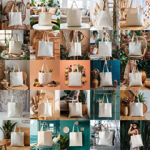 May include: A collage of 25 images showcasing various styles of blank canvas tote bags. The bags are displayed in a variety of settings, including indoor and outdoor scenes, with some featuring plants, furniture, and other decorative elements.