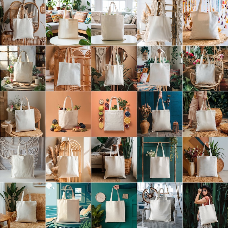 May include: A collage of 25 images showcasing various styles of blank canvas tote bags. The bags are displayed in a variety of settings, including indoor and outdoor scenes, with some featuring plants, furniture, and other decorative elements.