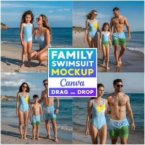 May include: A family of four wearing matching swimsuits on a beach. The adults are wearing one-piece swimsuits and the children are wearing two-piece swimsuits. The swimsuits are all blue and green with a white sun graphic. The family is standing on the beach with the ocean in the background.  FAMILY SWIMSUIT MOCKUP Canva DRAG AND DROP
