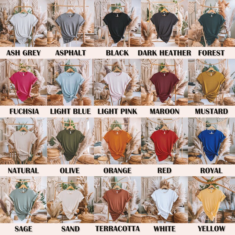 May include: A colour chart of 18 different t-shirt colours, including ash grey, asphalt, black, dark heather, forest, fuchsia, light blue, light pink, maroon, mustard, natural, olive, orange, red, royal, sage, sand, terracotta, white, and yellow.