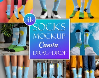 39x Sublimation Crew Socks Mockup Bundle for Canva Easy Use Drag And Drop Socks PNG Mock up White Socks with Black Heels Mockups for Socks