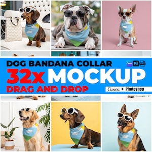 32 Hunde Bandana Kragen Mockup Bundle für Canva und Photoshop Haustier Bandana MockUp PNG Transparente Haustiere Bandana Kragen Mockups für Hunde Bandana