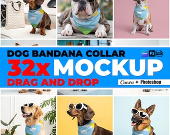 32 Dog Bandana Collar Mockup Bundle for Canva and Photoshop Pet Bandana Mock Up PNG Transparent Pets Bandana Collar Mockups for Dogs Bandana