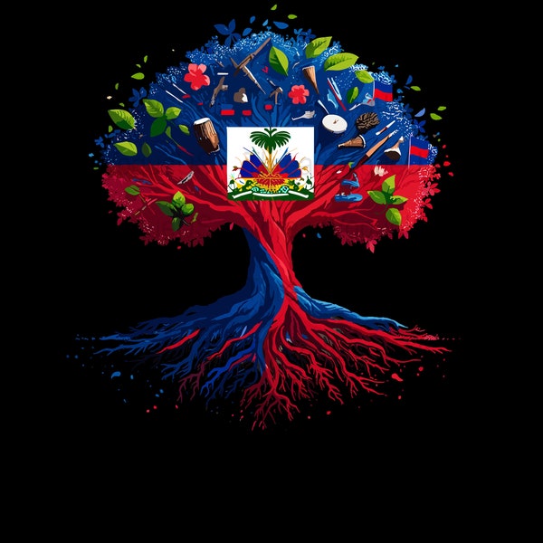 Haitian Flag Artwork Vibrant Tree T-Shirt, Digital Download, Haiti Pride Tee, Patriotic Clothing, Cultural Heritage Shirt Art