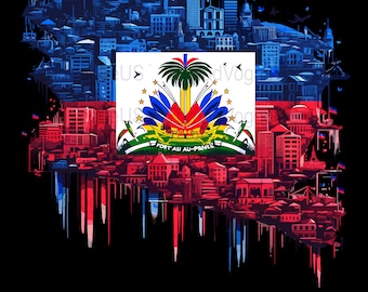 Haitian Flag Digital Art T-Shirt, Patriotic Haiti Cityscape Graphic Tee, Vibrant Urban Skyline and Flag Illustration